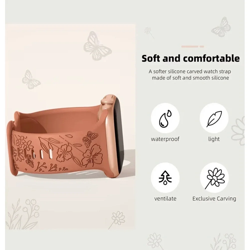 Floral Carved Silicone Watch Bands‎ for Apple Watch 38mm 40mm 41mm 42mm 44mm 45m